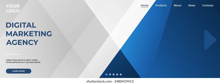 White and blue modern abstract wide banner design with geometric shapes for advertising promotion. Vector illustration background