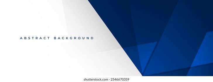 White and blue modern abstract wide banner with geometric shapes. Dark blue and white abstract background. Vector illustration
