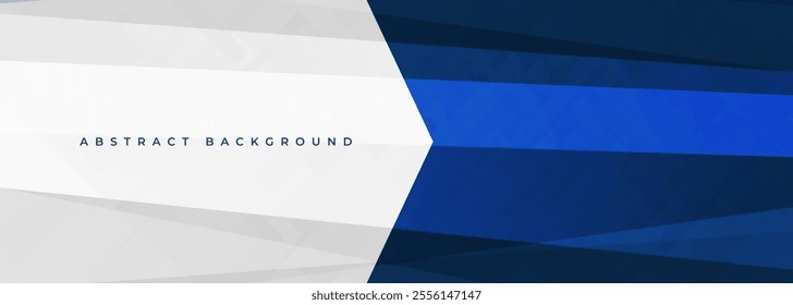 White and blue modern abstract wide banner with geometric shapes and arrow. Dark blue and white abstract background. Vector illustration