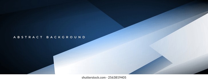 White and blue modern abstract wide banner with geometric shapes. Dark blue and white abstract background. Vector illustration