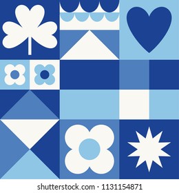White, blue, navy geometric pattern. Card in scandinavian style. Vector illustration.