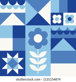 White, blue, navy geometric pattern. Card in scandinavian style. Vector illustration.
