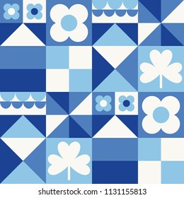 White, blue, navy geometric pattern. Card in scandinavian style. Vector illustration.