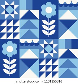 White, blue, navy geometric pattern. Card in scandinavian style. Vector illustration.