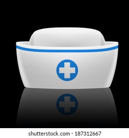White and blue nurse cap with reflection on black background 