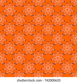 White, blue and orange wallpaper. Paisley and Mandalas. Indian floral backdrop. Vector seamless pattern.