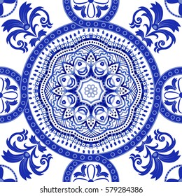 White and blue ornamental pattern. Indian decorative wallpaper. Indian style