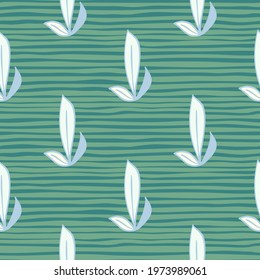 White and blue outline leaf ornament seamless pattern. Turquoise and green striped backround. Perfect for fabric design, textile print, wrapping, cover. Vector illustration.