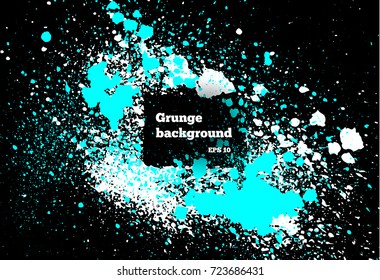 White, blue paint, ink splash, brushes ink droplets, blots. Dirty artistic design elements, boxes, frames. Grunge frame with space for your text or image. Template space for your text or image.