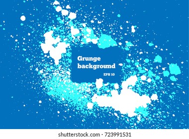 White, blue paint, ink splash, brushes ink droplets, blots. Dirty artistic design elements, boxes, frames. Grunge frame with space for your text or image. Template space for your text or image.