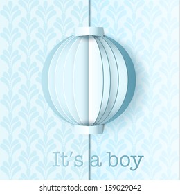 White and blue paper baby shower vector greeting card in origami style