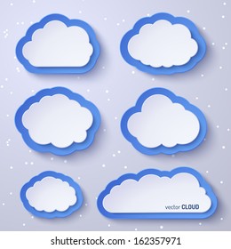 White and blue paper bubbles for speech in the form of clouds on a gray background. Abstract design. Vector illustration for your design.