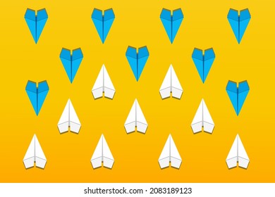 White and blue paper planes flying in different directions on yellow background. Disagree, dissenting opinion, divergent views concepts, have or express different opinion, confrontation. Vector.