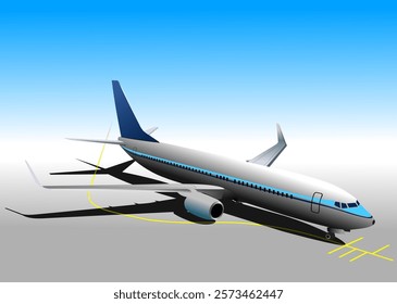 White and blue passenger airplane parked on the tarmac under a clear blue sky, casting a long shadow