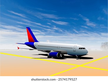 White and blue passenger airplane standing on the runway getting ready to take off on a sunny day