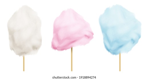 White Blue Pink Cotton Candy. Sugar Clouds. Realistic Vector Illustration