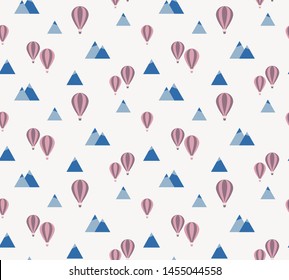 White, Blue, and Pink Fun Children's Seamless, Repeating Pattern with Mountains and Hot Air Balloons