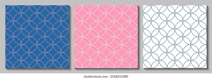 White blue pink vector seamless patterns with intersecting circles. Elecant wrapping paper prints collection