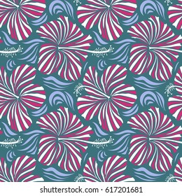 White, blue and pink vector seamless pattern. Vector illustration. Tropical seamless pattern with many white, blue and pink hibiscus flowers.