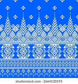 Píxel blanco y azul Patrón textil geométrico Arte digital Patrón geométrico intrincado de píxeles blancos y azules inspirado en los diseños textiles tradicionales.