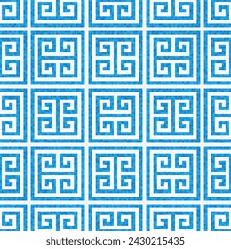 White and blue pixel mosaic meander ornament. Abstract vector seamless pattern.