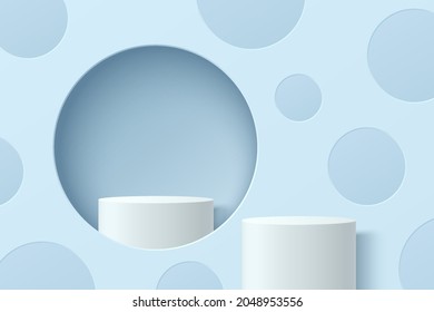 White, blue realistic cylinder pedestal podium in circle window with polka dots pattern. Vector abstract studio room with 3D geometric platform. Minimal scene for products showcase, Promotion display.