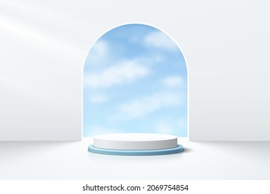 White and blue realistic cylinder pedestal podium with cloud blue sky in the arch door. Vector abstract studio room with 3D geometric platform. Minimal scene for products showcase, Promotion display.