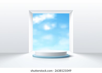 White and blue realistic cylinder pedestal podium with cloud blue sky in the square door. Vector abstract studio room with 3D geometric platform. Minimal scene for products showcase, Promotion display