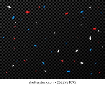 White And Blue, Red Confetti on Dark Transparent Background. Congratulations Wallpaper. Celebration Party Banner. Happy Birthday.  American Flags Color Concept. Vector Illustration
