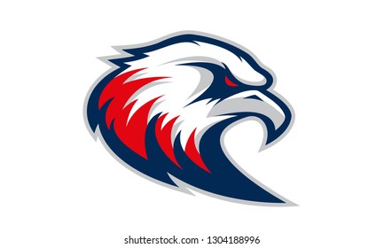 A white, blue and red eagle logo for a sports team