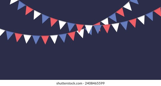 White, blue and red flag garland. Triangle pennants chain. Party decoration. Celebration flags for decor. Vector illustration  