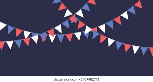 White, blue and red flag garland. Triangle pennants chain. Party decoration. Celebration flags for decor. Vector illustration  