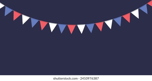 Mariscos de bandera blanca, azul y roja. Cadena de peniques triangulares. Decoración de fiestas. Banderas de celebración de la decoración. Ilustración del vector  