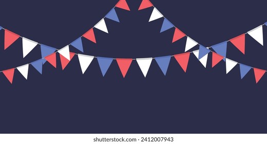 White, blue and red flag garland. Triangle pennants chain. Party decoration. Celebration flags for decor. Vector illustration  