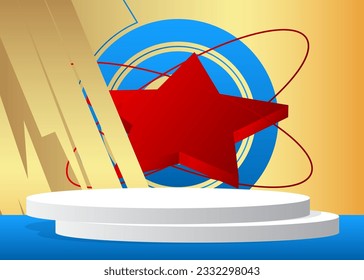White, Blue, Red and Gold Mockup cylinder pedestal podium, product display. Vector 3D minimal geometric stage showcase for presentation.