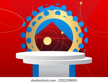White, Blue, Red and Gold Mockup cylinder pedestal podium, product display. Vector 3D minimal geometric stage showcase for presentation.