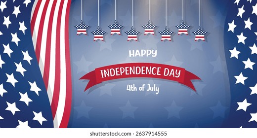White blue red realistic colorful stars hanging satin ribbon flag  like border Patriotic background Garland stars Silver background Text Happy Independence day 4th of July
