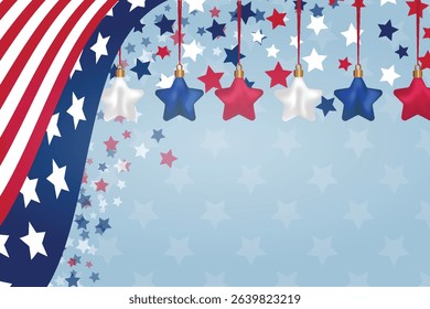 White blue red realistic colorful stars hanging satin ribbon USA flag like border Patriotic background Garland stars Blue background Independence day template Falling confetti stars Copy space