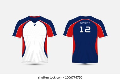 White, blue and red stripe pattern sport football kits, jersey, t-shirt design template