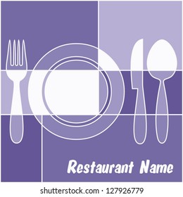 White and blue restaurant menu with fork, plate, knife and spoon