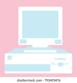 White with blue retro, vintage, hipster, old, female computer from the 80's, 90's with a system unit located below the monitor on a pink background.Vector illustration.