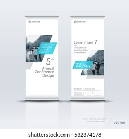 White with blue roll up banner design brochure flyer vertical template, vector x-banner and street business flag-banner, cover presentation abstract geometric background vertical layout