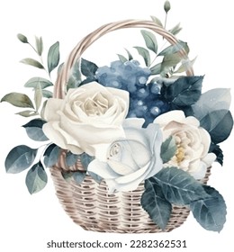 White and Blue Roses Flower Basket Watercolor Illustration