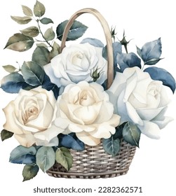 White and Blue Roses Flower Basket Watercolor Illustration