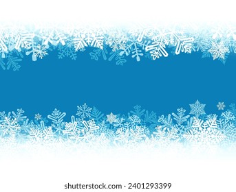 Pancarta de nieve blanca y azul con hermosos copos de nieve. Feliz Navidad y tarjeta de felicitación de Año Nuevo Feliz. Ilustración del vector