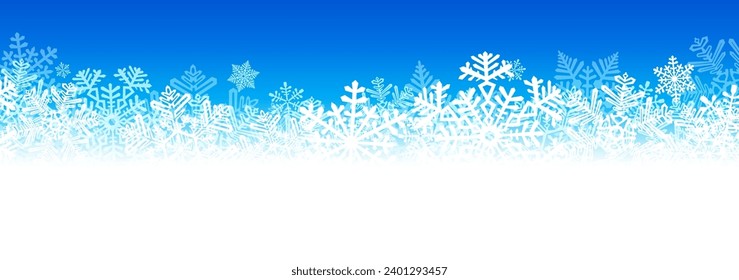 White and blue rough snow banner with beautiful snowflakes. Merry Christmas and Happy New Year greeting card. Vector illustration
