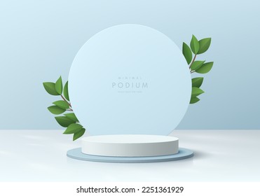 white, blue round product podium 3D background with circle backdrop and green leaf. Minimal wall scene mockup cosmetic product stage showcase, Promotion display. Abstract vector geometric forms.