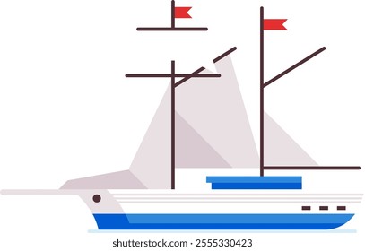 White and blue sailing ship with red flags navigating calm waters, featuring triangular sails and a streamlined hull, evokes a sense of adventure and maritime exploration