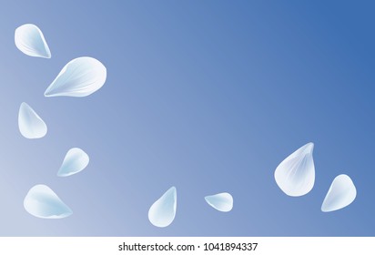 White Blue sakura flying petals isolated on Blue gradient background. Petals Roses Flowers. Vector EPS 10 cmyk