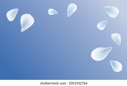 White Blue sakura flying petals isolated on Blue gradient background. Petals Roses Flowers. Vector EPS 10 cmyk